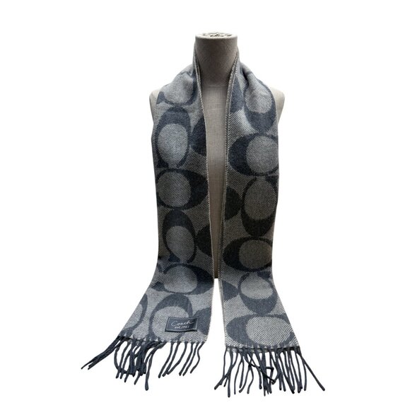 Coach Gray Wool & Cashmere Logo Pattern Scarf With Fringe Edges - Picture 1 of 6